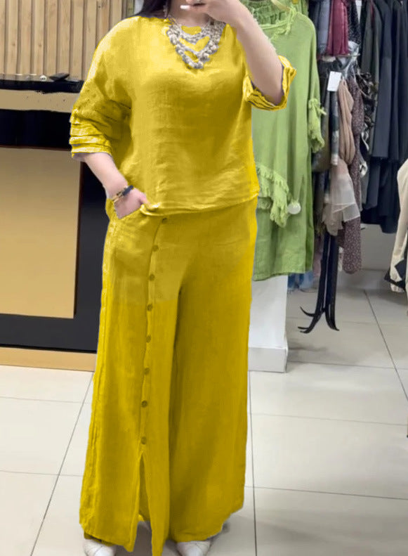 Dame afslappet linned sæt med løsskåret overdel og palazzo bukser Stiila