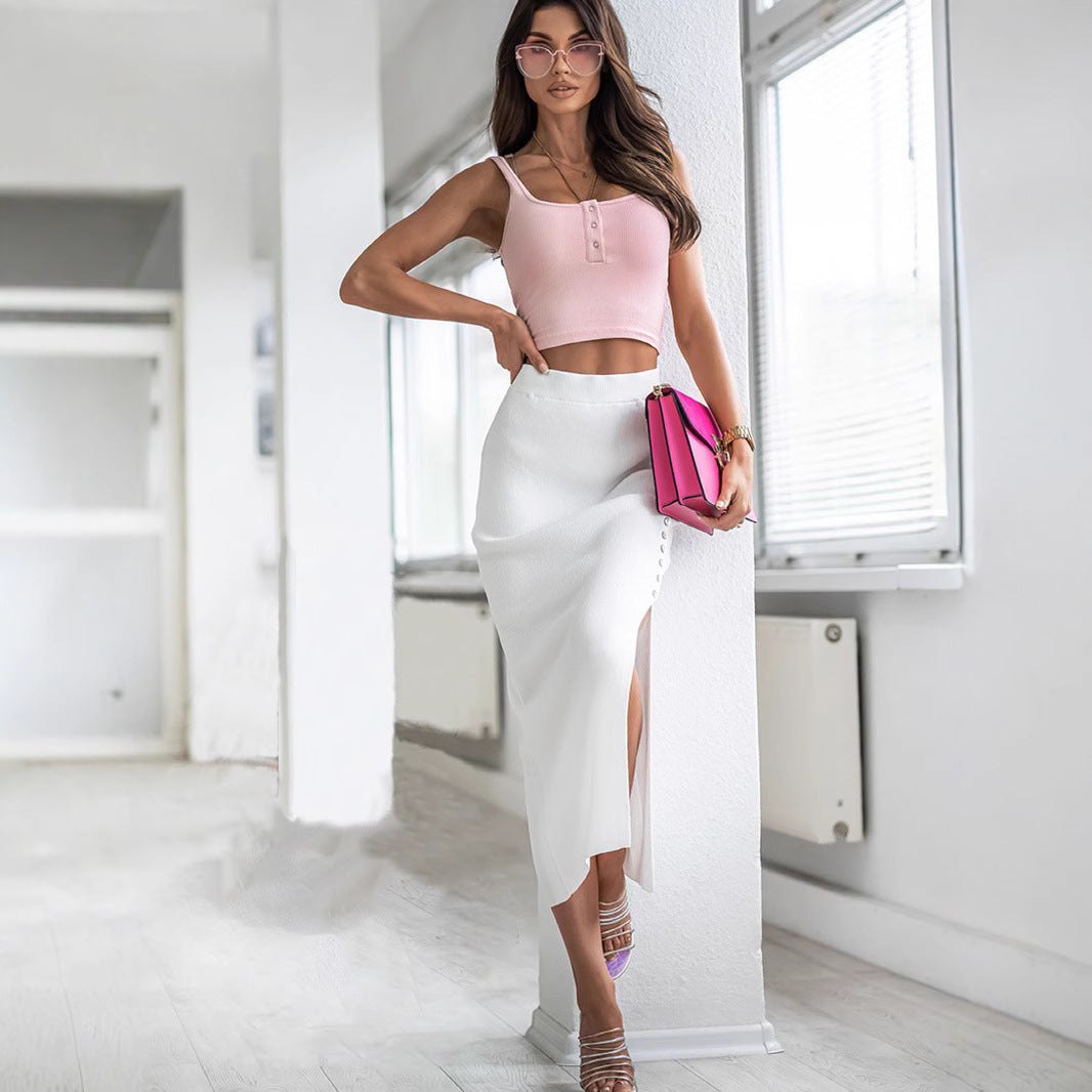 Dame wrapper nederdel med side slids og elegante knapdetaljer Stiila