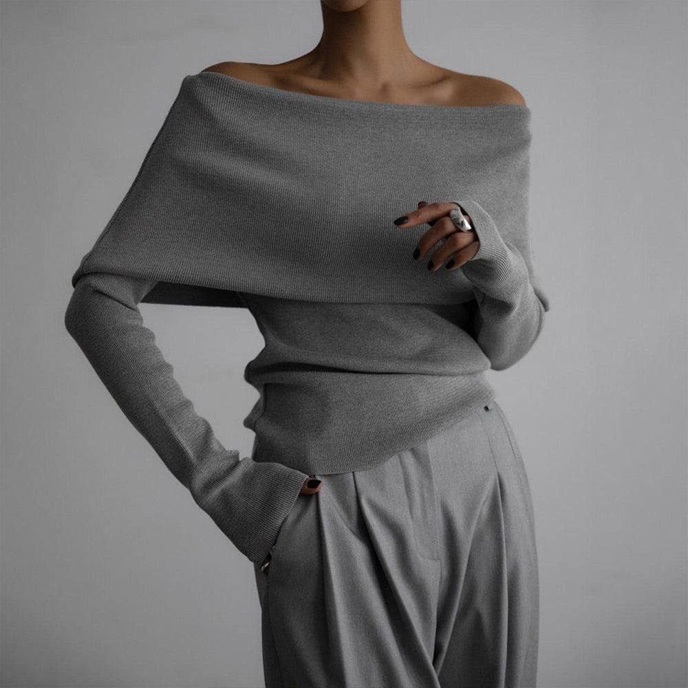 Femme Off-Shoulder Strikpullover og Flare Bukser Sæt Stilla