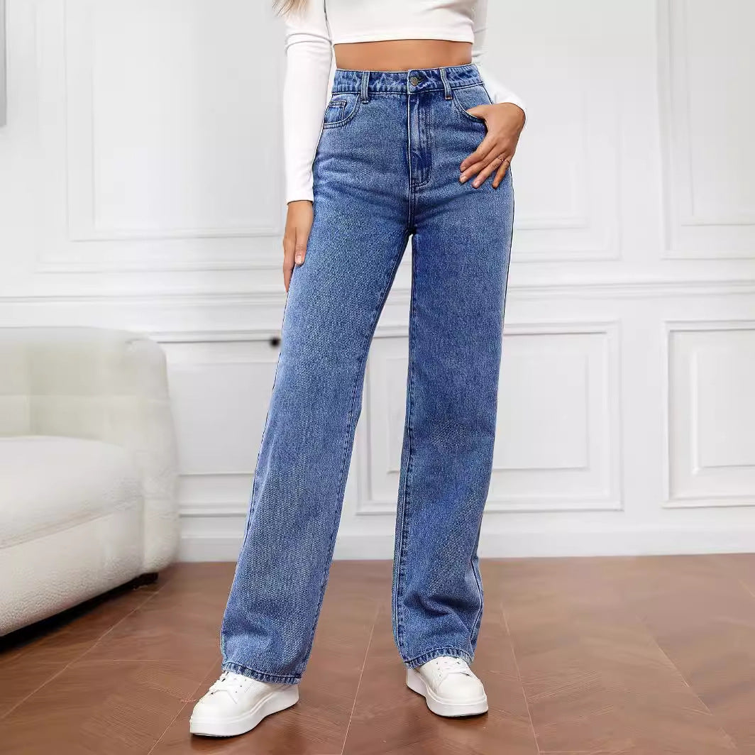Dame Høj Talje Jeans i Vintage Stil med Bred Ben Stilla