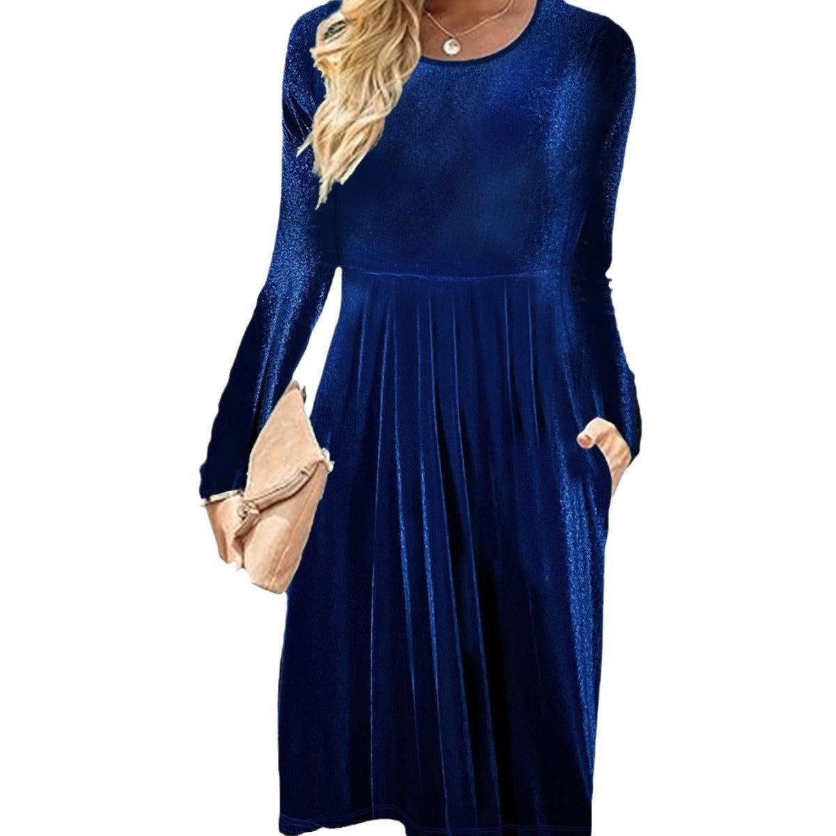 Dame elegant fløjlskjole med sidelommer og lange ærmer Stilla