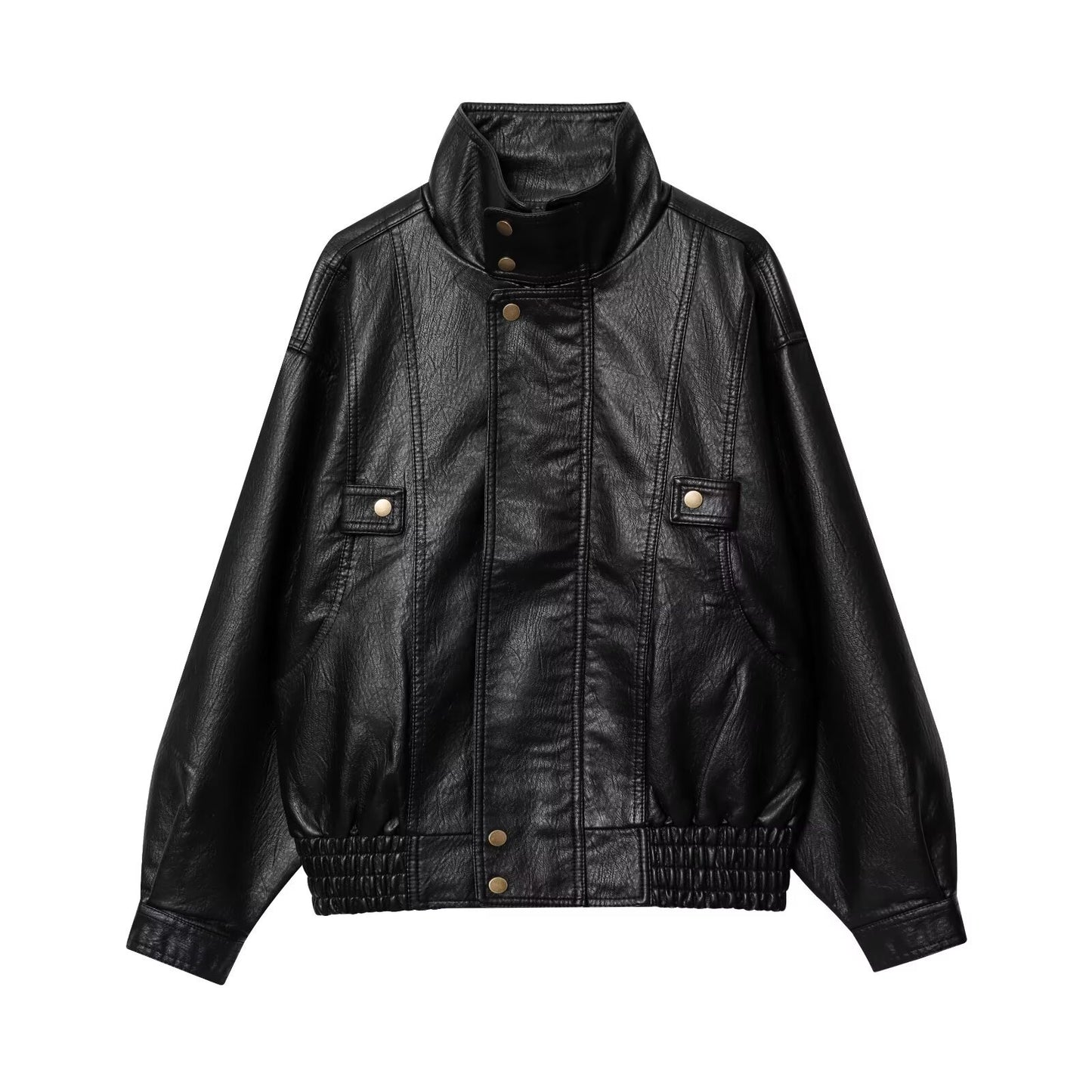 Dame afslappet kunstlæderjakke med høj krave og viddejustering Stilla