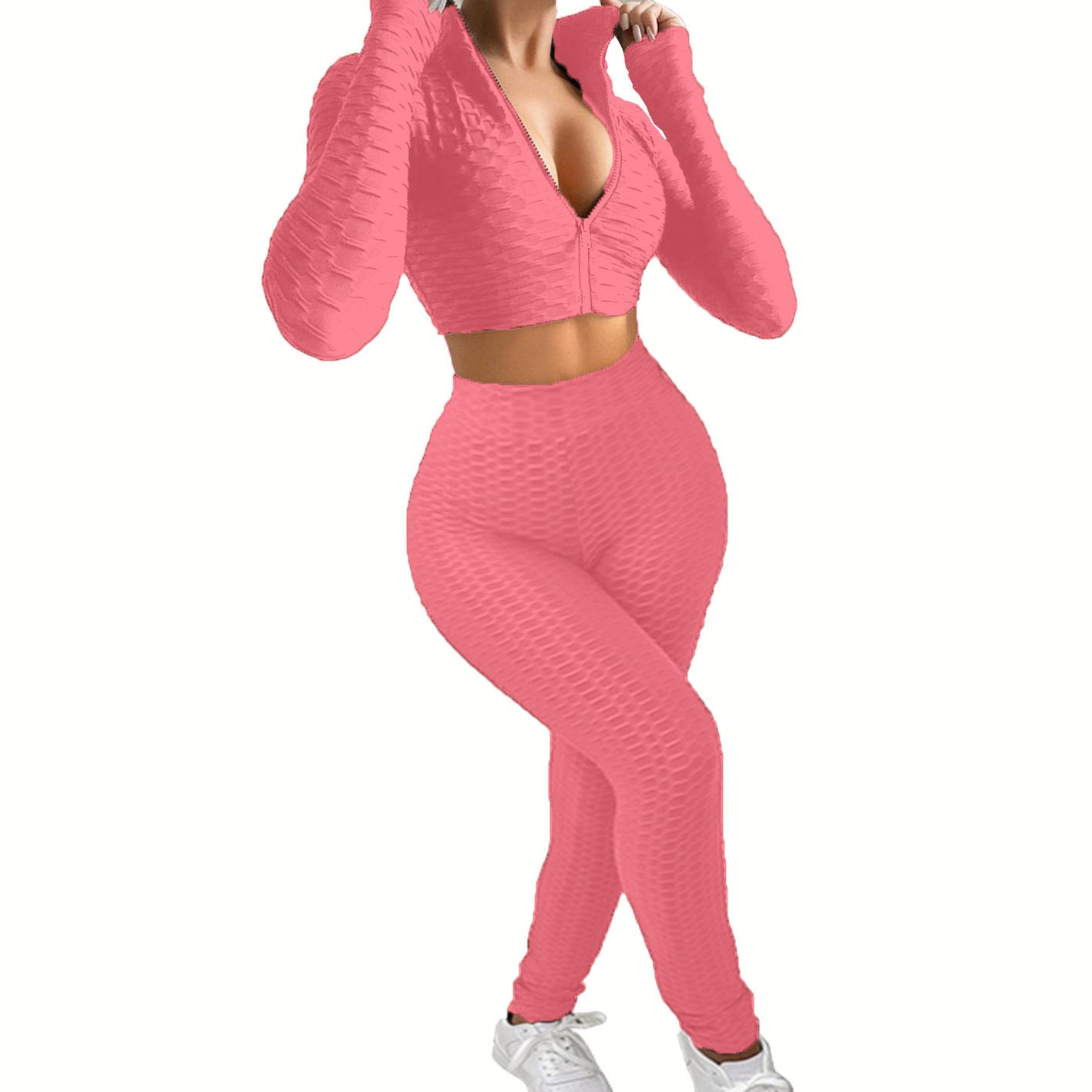 Dame Sportsæt i innovativ strukturstof med cropped hoodie og højtaljede leggings Stilla