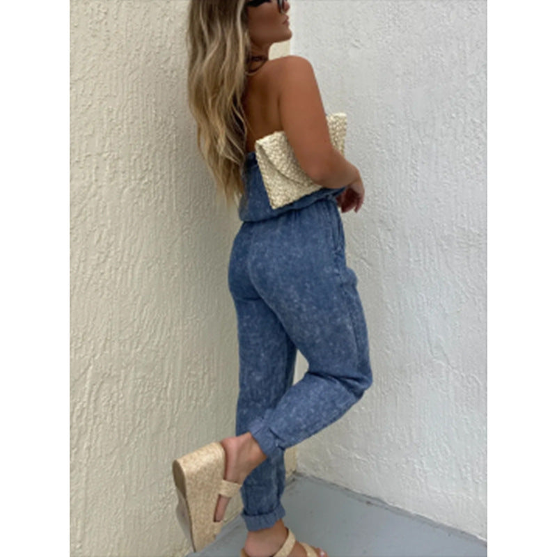 Dame jumpsuit med skulderfri silhuet og elastisk talje Stilla