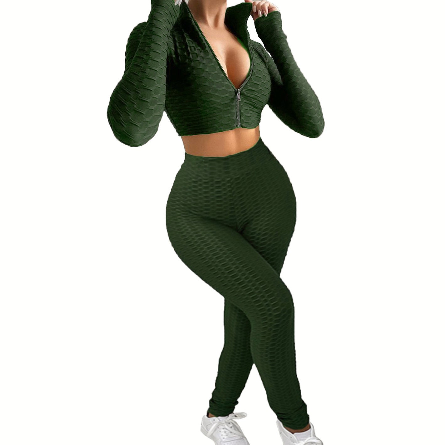 Dame Sportsæt i innovativ strukturstof med cropped hoodie og højtaljede leggings Stilla