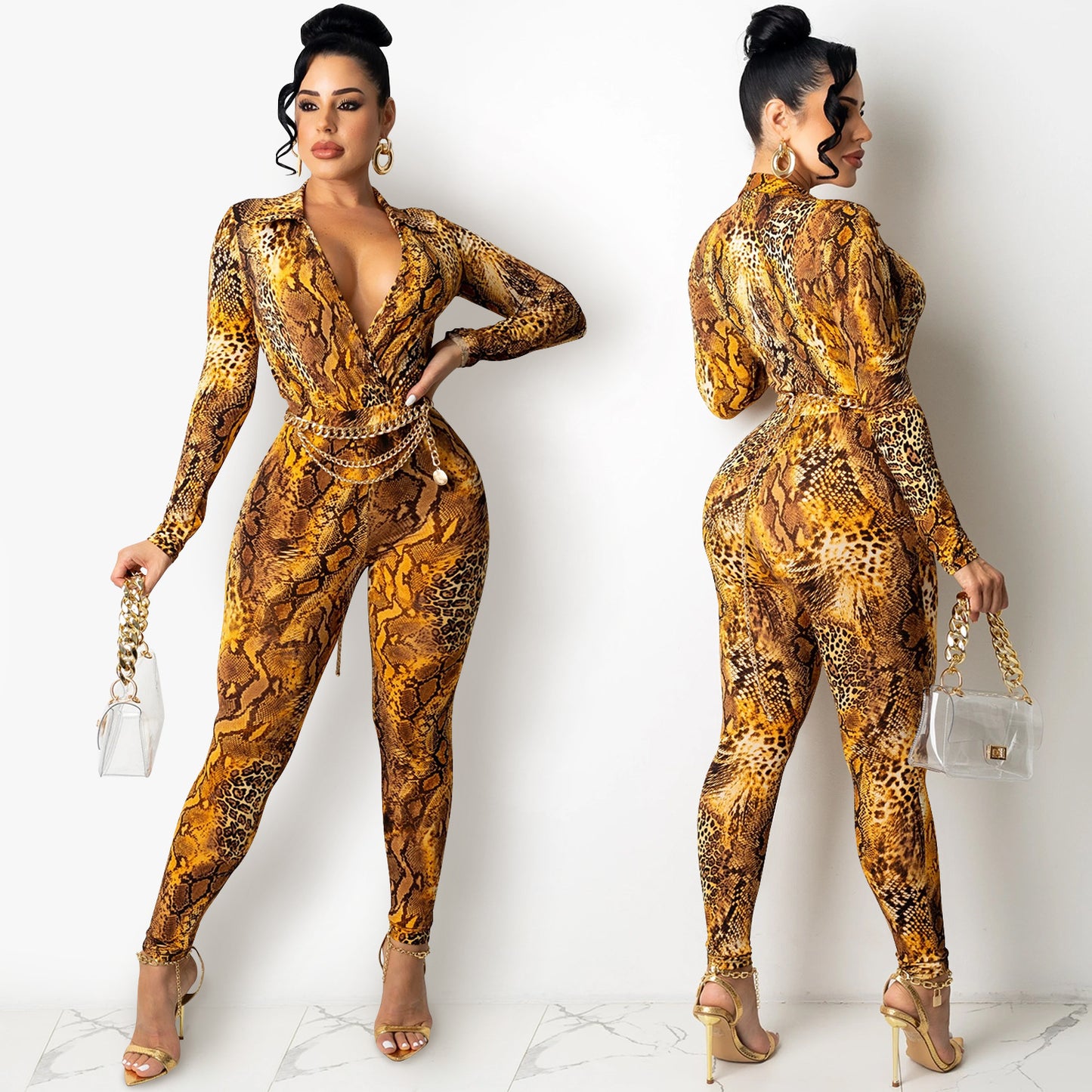 Dame elegant gulvlængde jumpsuit med slangetryk og dyb V-hals Stilla