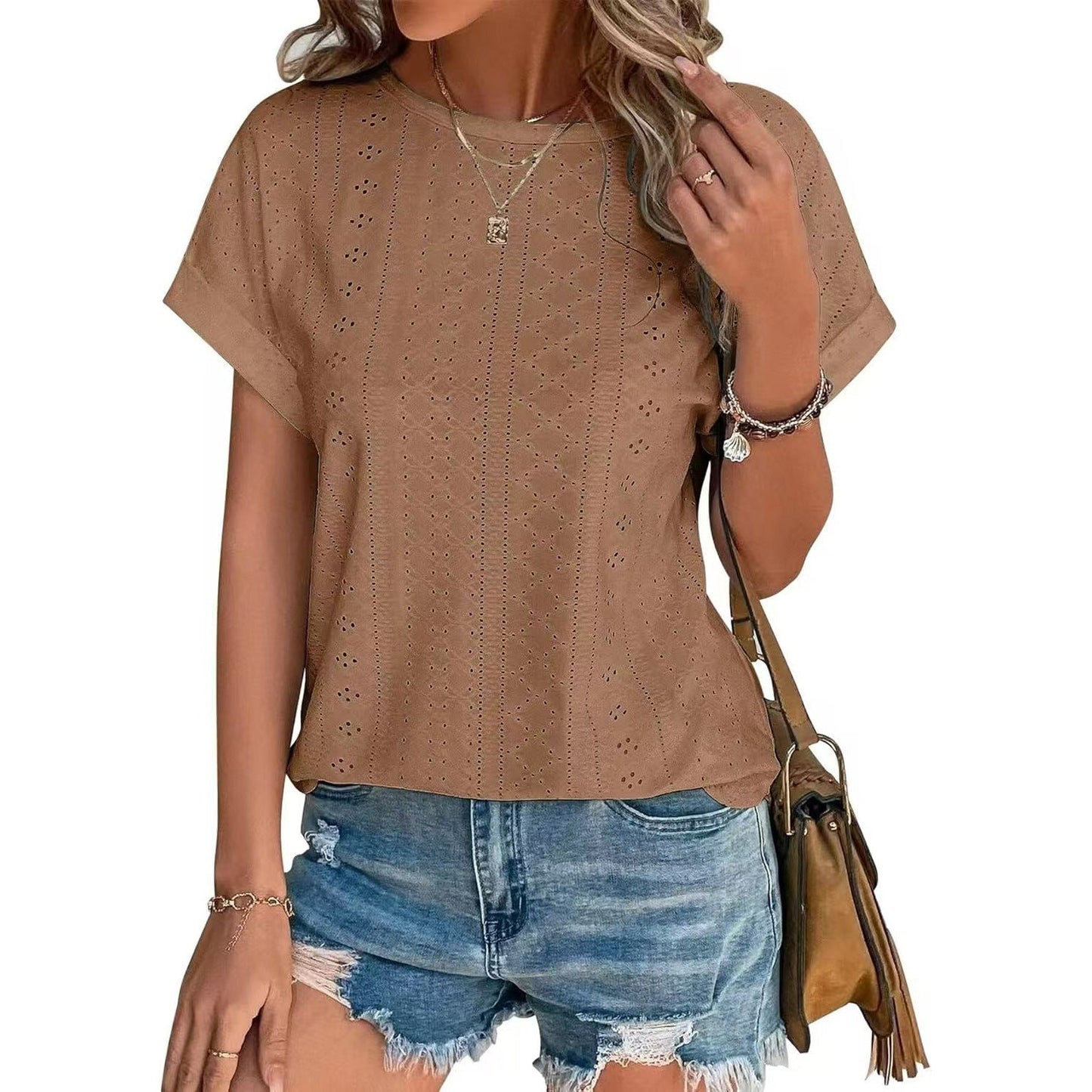 Stilla | Basic Solid Rund Hals Løs Kort Ærme T-shirt