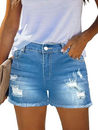 Dame Distressed Denim-Shorts med frynset kant og afslappet look Stilla