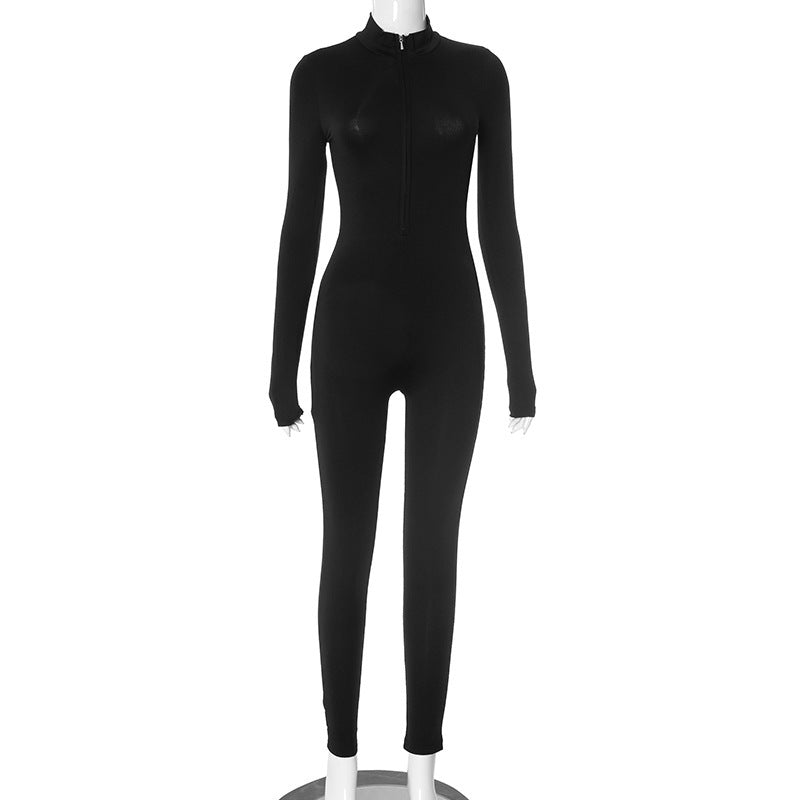 Dame Langærmet Jumpsuit med dyb V-udskæring og behagelig lynlås Stilla