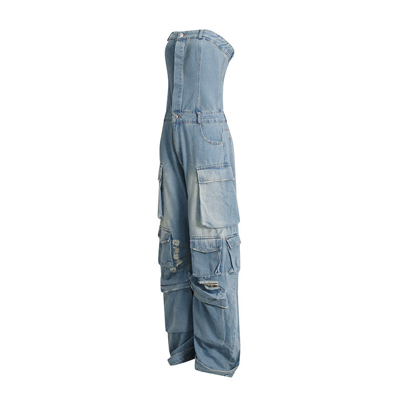 Stilla | Multi Pocket Ripped Waist Slimming Sexy Tube Top Tooling Denim Jumpsuit Kvinder