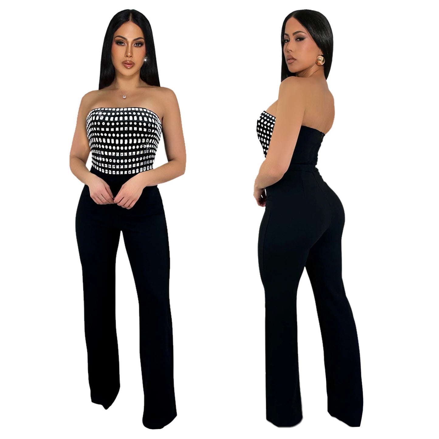 Dame Elegant og tætsiddende Jumpsuit med båndløst design og moderne ternet mønster Stilla