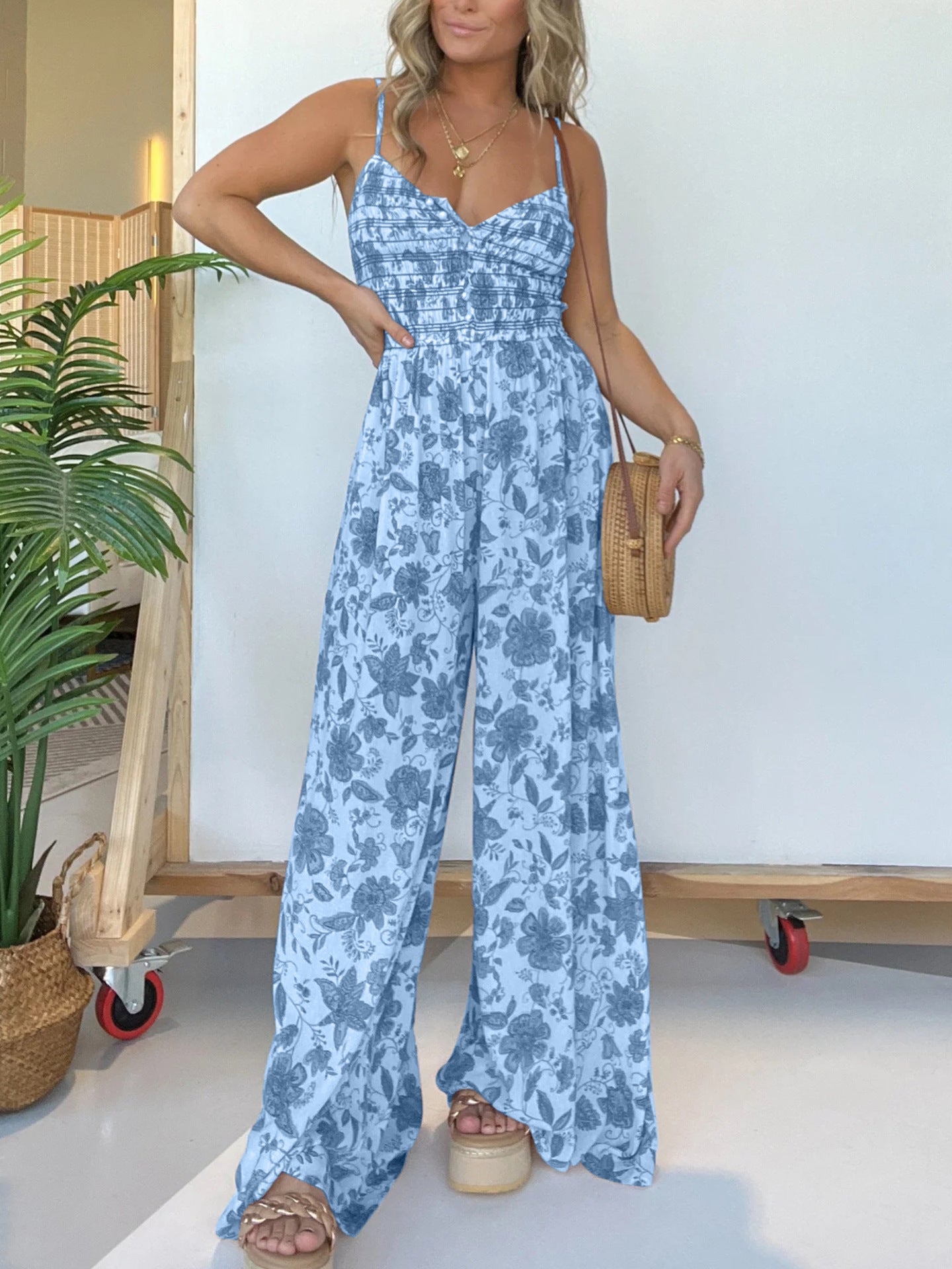 Dame luftig jumpsuit med blomstermønster og elastisk talje Stilla