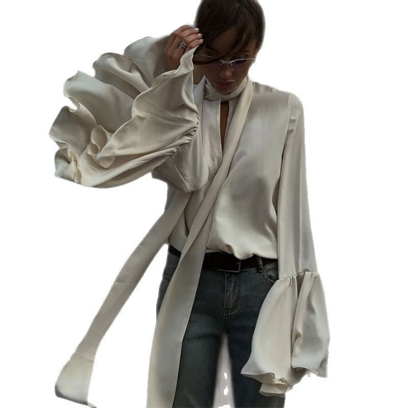 Dame elegant bluse med voluminøse ruffles ærmer Stilla