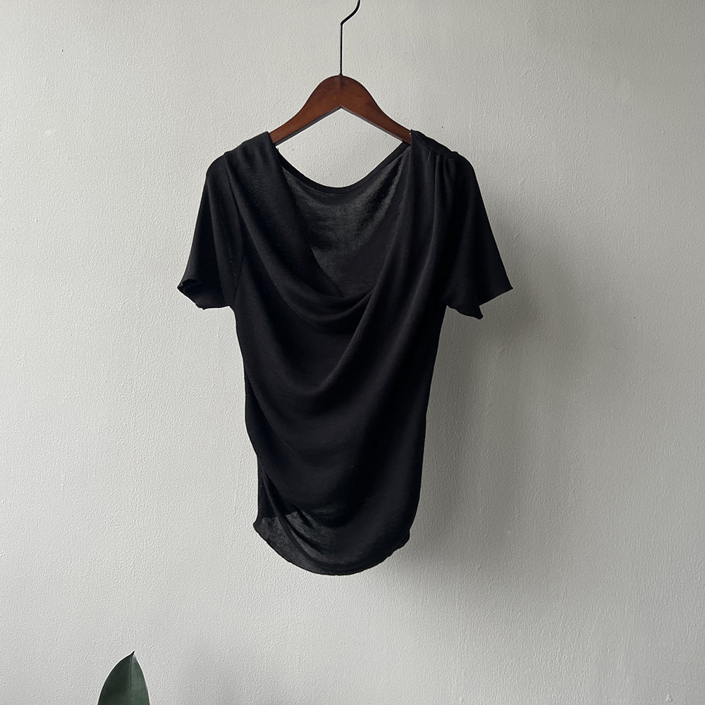 Dame elegant draperet T-shirt med dyb V-udskæring og korte ærmer Stilla