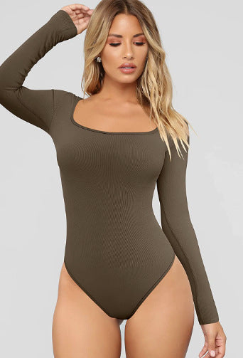 Dame figurtilpasset langærmet bodystocking med firkantet udskæring og høj benudskæring Stilla