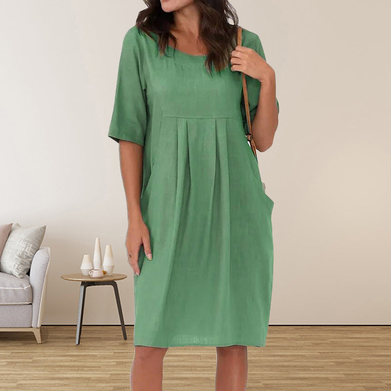 Dame afslappet midikjole med folder og praktiske lommer Stilla