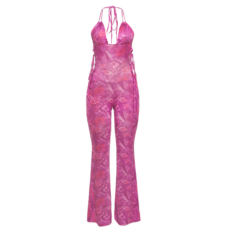 Dame jumpsuit med dyb V-udskæring og snøre detaljer Stilla