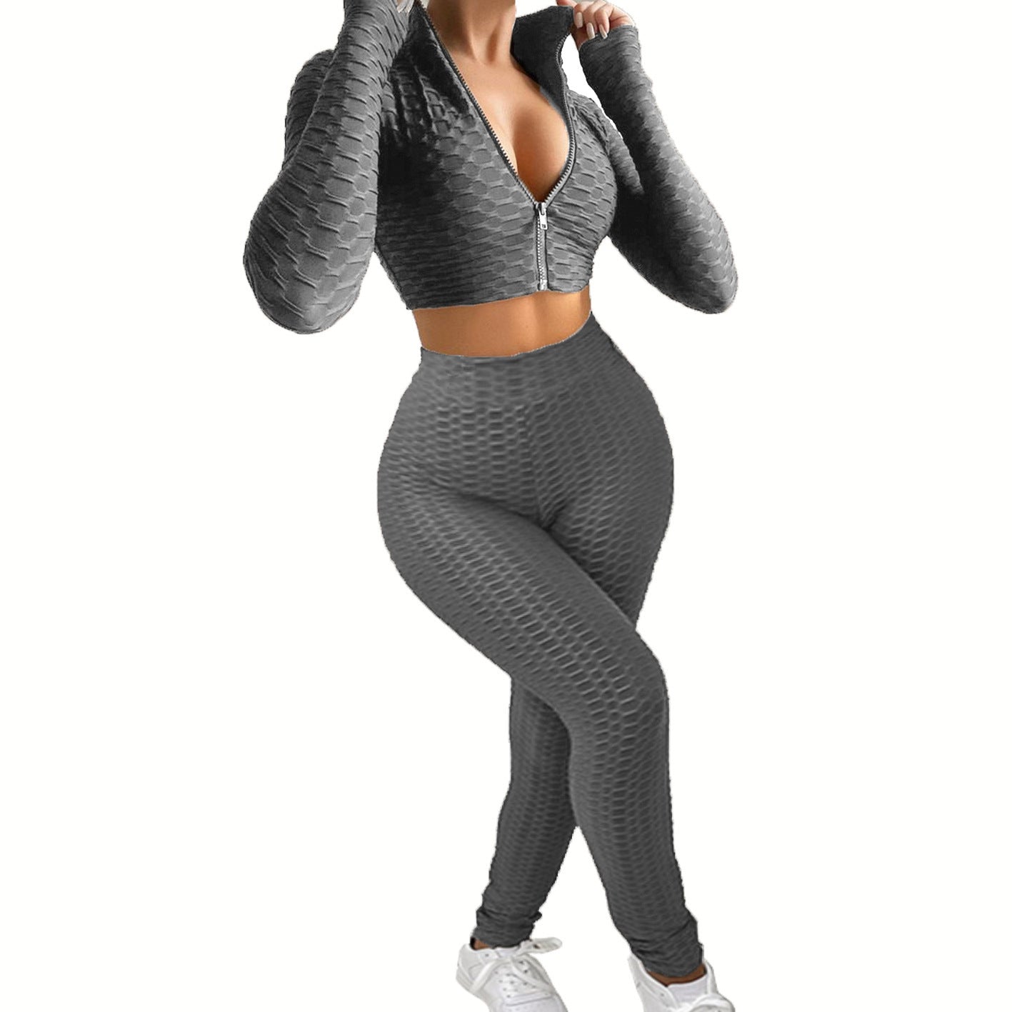 Dame Sportsæt i innovativ strukturstof med cropped hoodie og højtaljede leggings Stilla