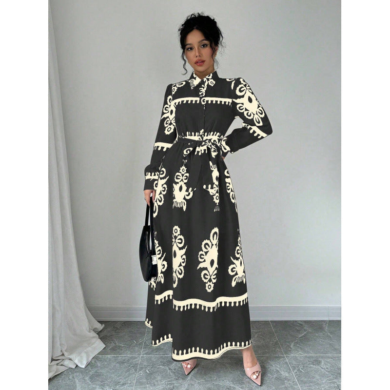 Dame Elegant Langærmet Maxi Kjole med Pyntet Design Stilla