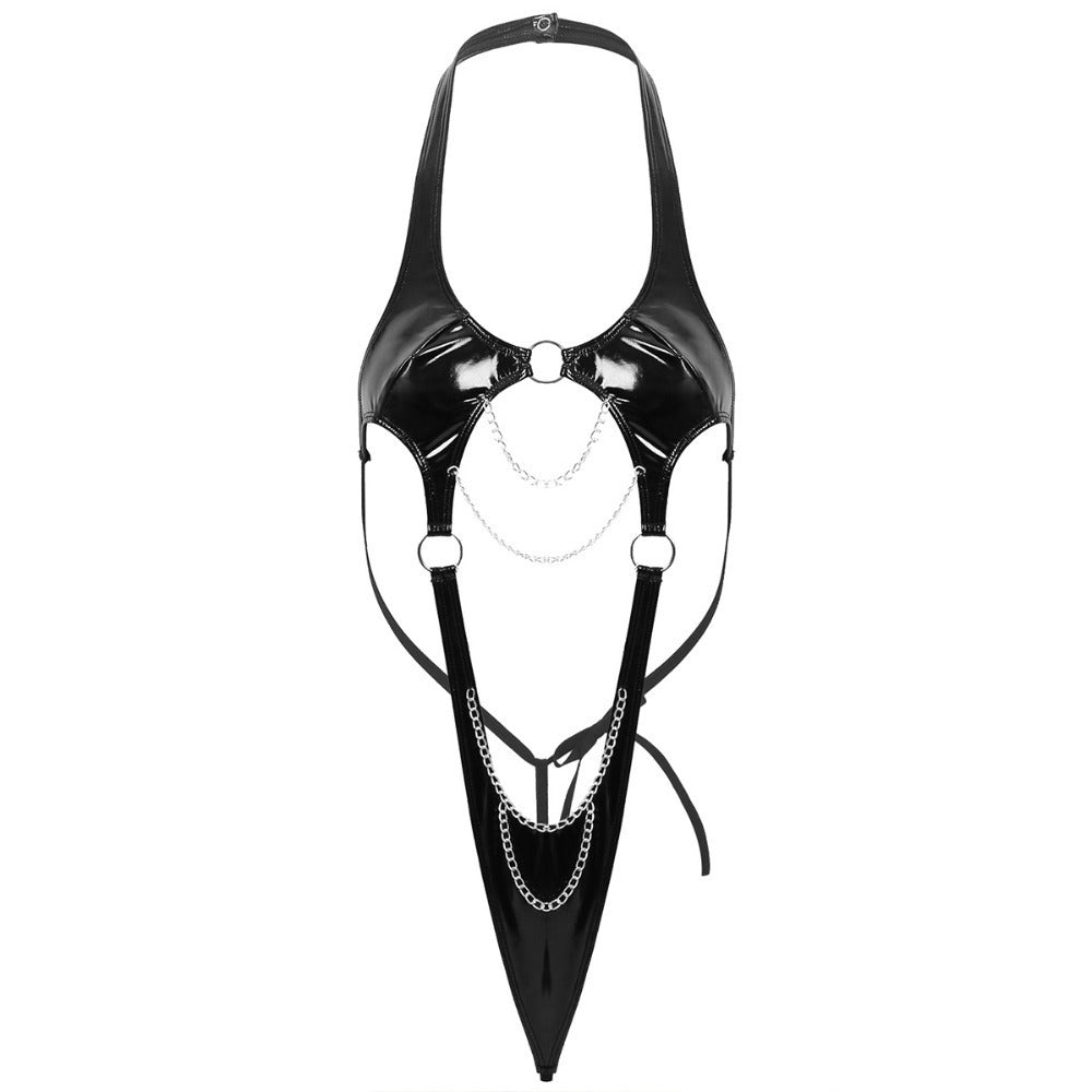 Dame fetish-inspireret glansfuld cutout bodysuit med kædeaccent Stilla