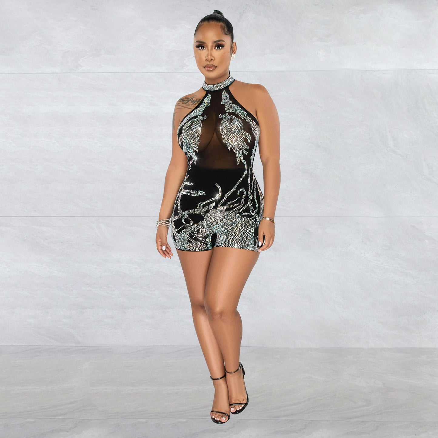 Dame Glamourøs Bodycon Jumpsuit med transparent overmateriale og funkende accenter Stilla