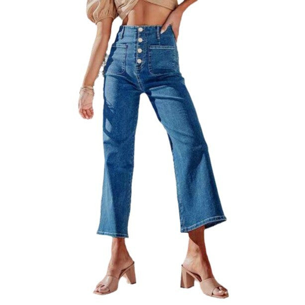 Dame højtaljede jeans med bred ben og dekorative knapdetaljer Stilla