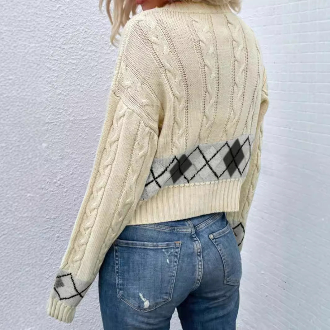 Dame afslappet strik cardigan med ternet mønster og flette mønster Stilla
