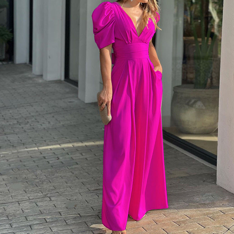 Dame jumpsuit med voluminøse ærmer og dyb v-hals Stilla