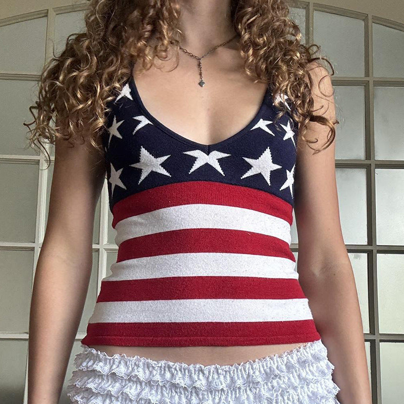 Dame tanktop med amerikansk flagmønster og V-udskæring Stilla