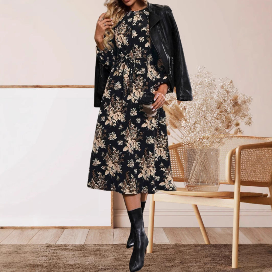 Dame Midi-Kjole med elegant blomstertryk og justerbar talje Stilla