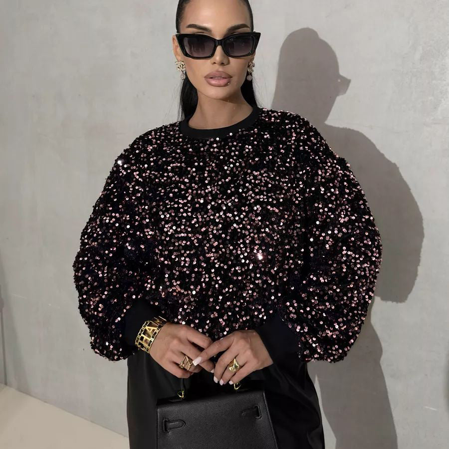 Dame Glitrende Pullover med oversized snit og funklende rhinsten Stilla