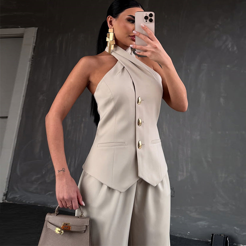 Dame Blazer-Veste Sæt med asymmetrisk U-hals og elegant Knapliste Stilla