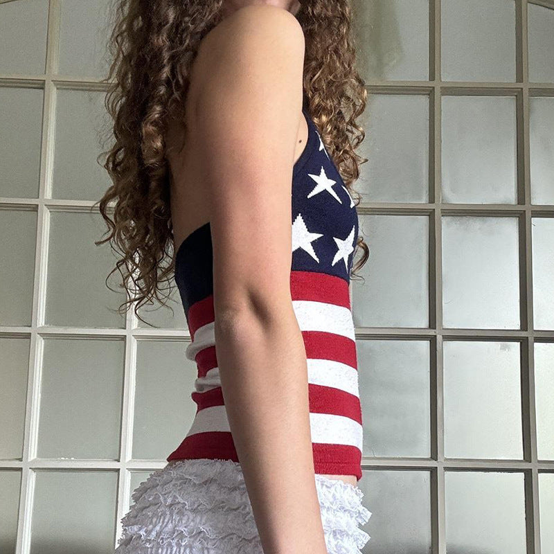 Dame tanktop med amerikansk flagmønster og V-udskæring Stilla
