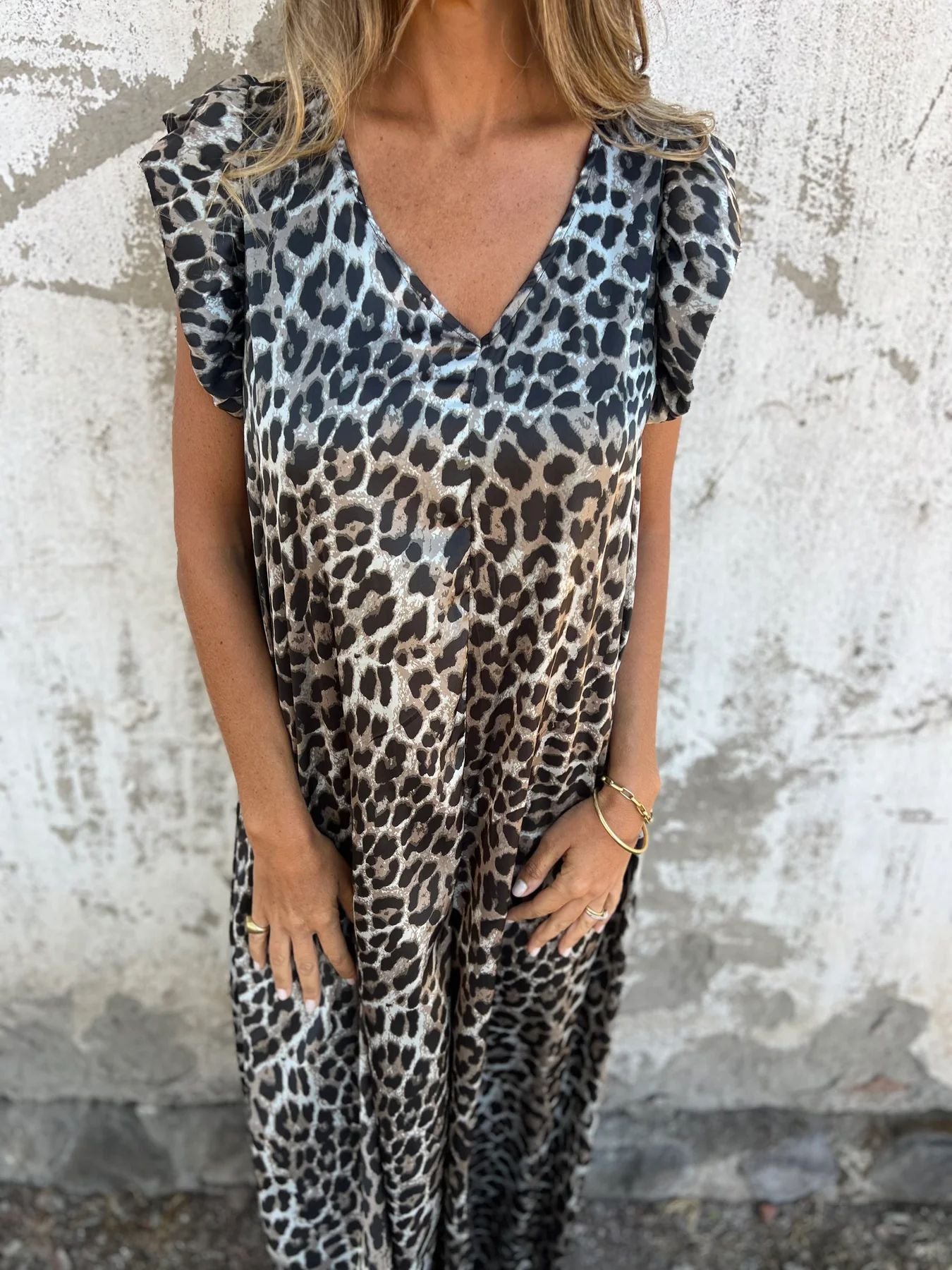 Stilla | Trendy Kvinder Forår Leopard Print Flutter Ærme Jumpsuit