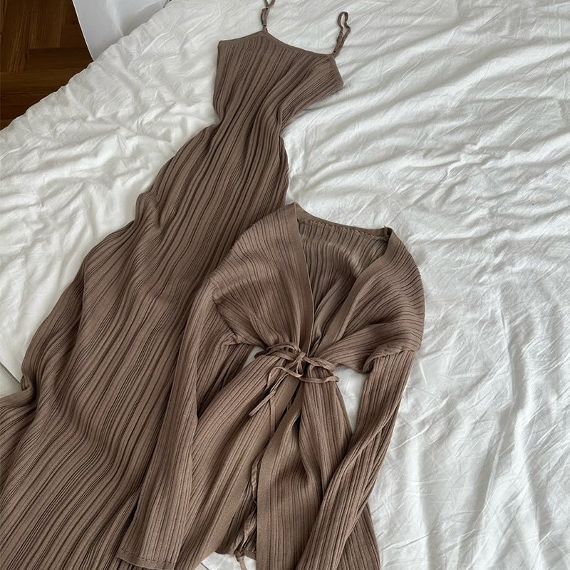 Dame maxikjole med elegant cardigan i moderne ribdesign Stilla