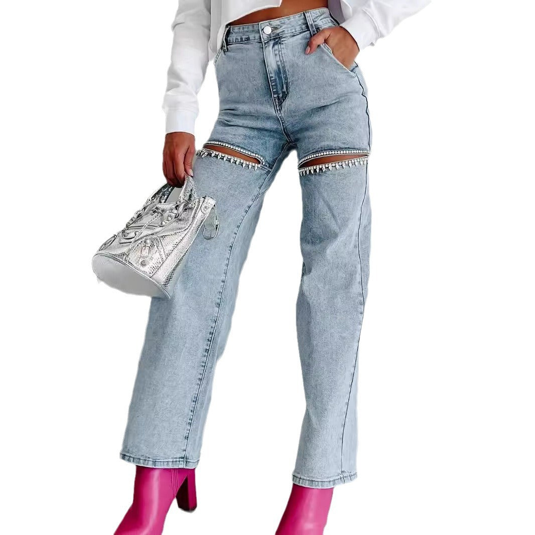 Damejeans i vintage-stil med åbne knæ og glimmerdetaljer Stilla