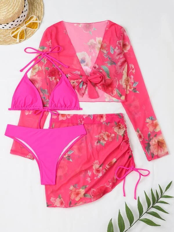 Dame bikinitop med florale detaljer og legende indpakningstop Stilla