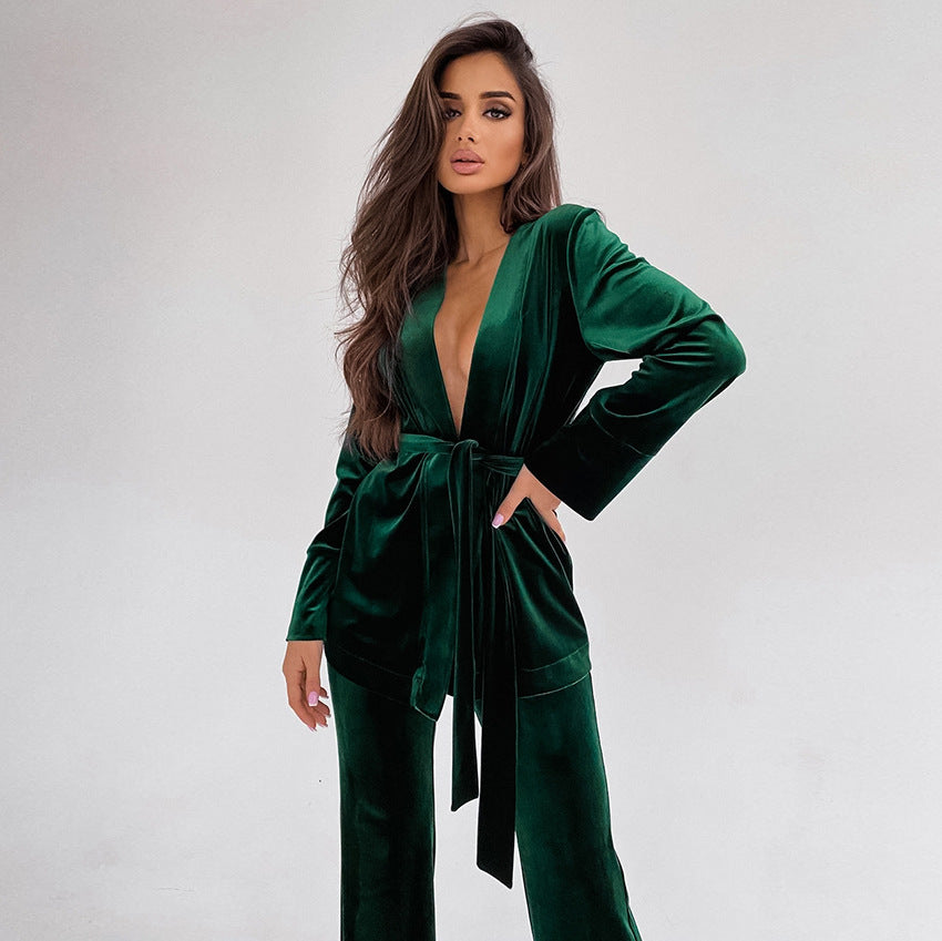 Dame elegant fløjls Jumpsuit-sæt med knælangt snit og taljeringabel bælte Stilla