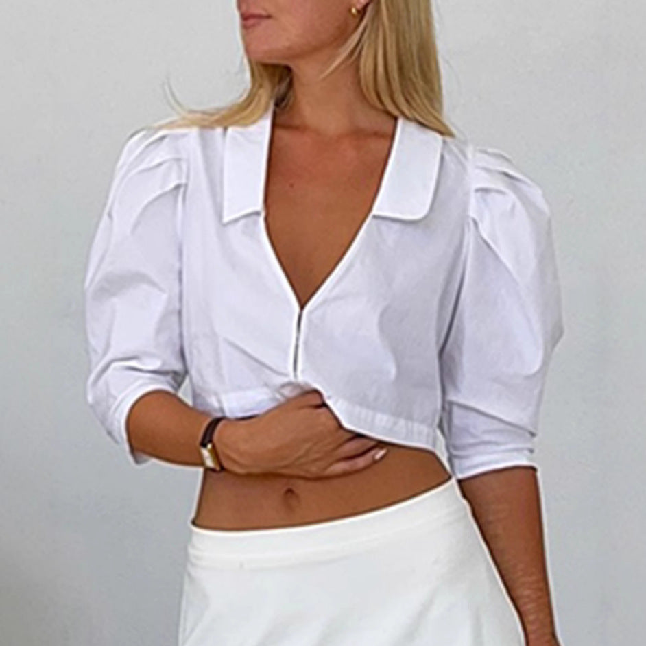 Dame cropped skjorte med voluminøse ærmer og elegant krave Stilla