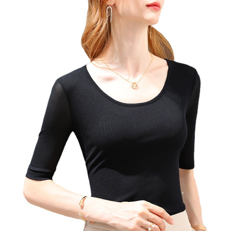 Dame T-shirt med elegant rund halsudskæring og fine, transparente ærmer Stilla