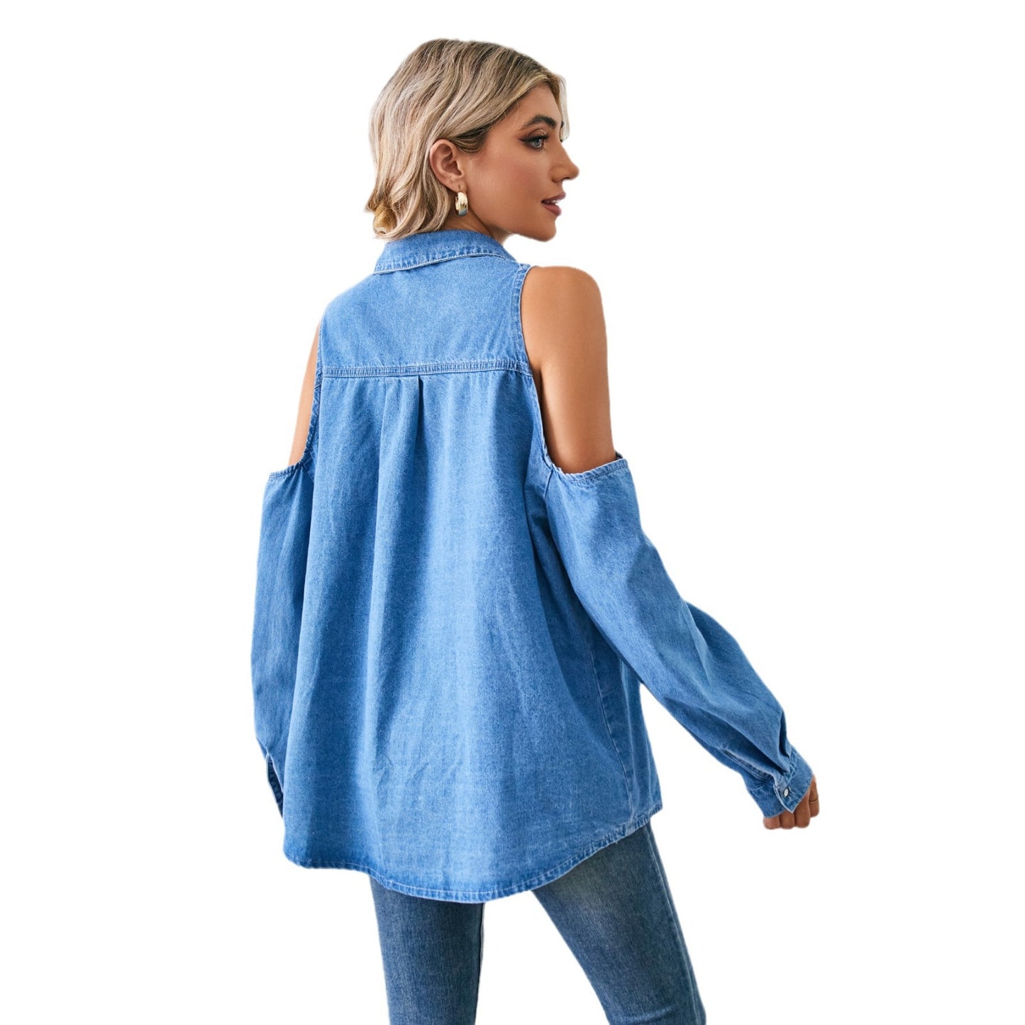 Dame denim-skjorte med indskårne ærmer og brystlommer Stilla