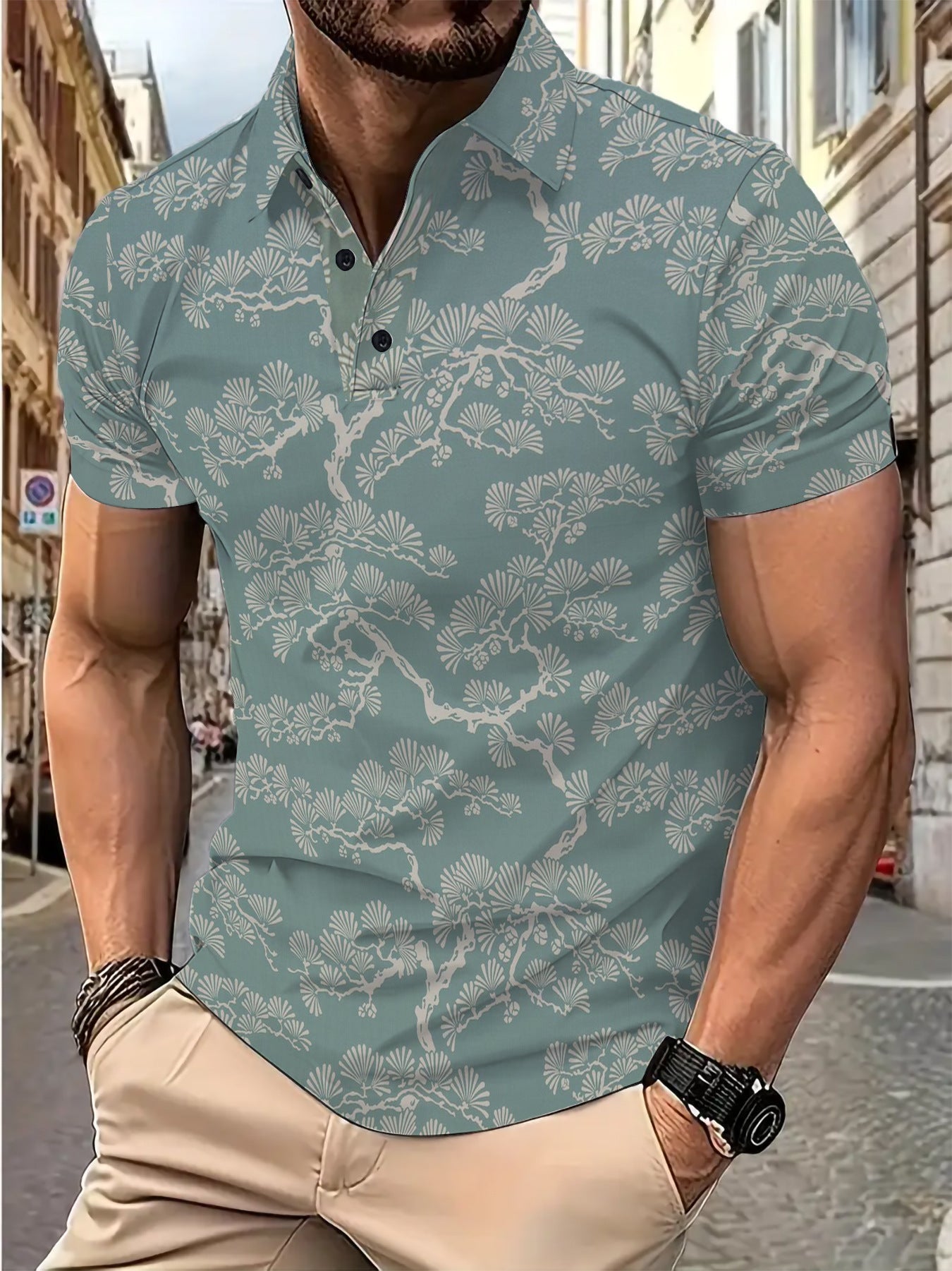 Herren polo skjorte med stilfuld botanisk print og moderne snit Stilla