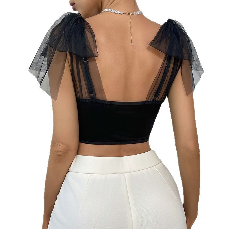 Dame Crop-Top med transparente puffærmer og dyb V-udskæring Stilla