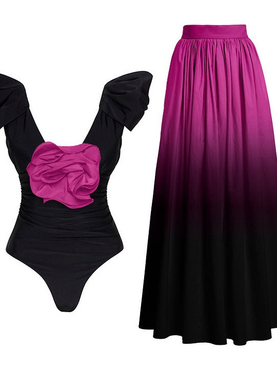 Dame elegant badetøjs-sæt med ruffle-detail og maxi-nederdel Stilla