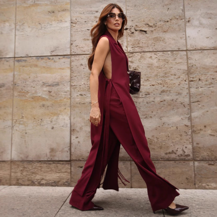 Dame Elegant og figursyet Jumpsuit med dyb V-halsudskæring og bredt ben Stilla