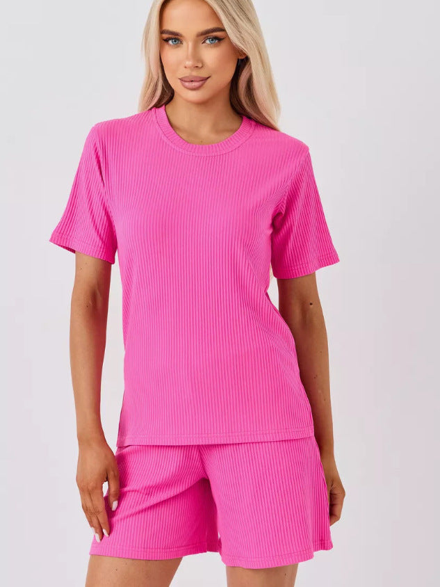 Dame afslappet ribstrik to-delt sæt med shorts og T-shirt Stilla