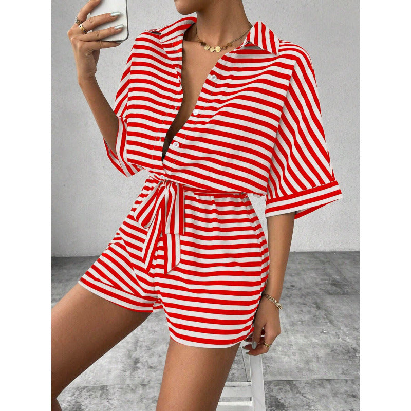 Dame Stribet Casual Knap-Op Jumpsuit Stilla