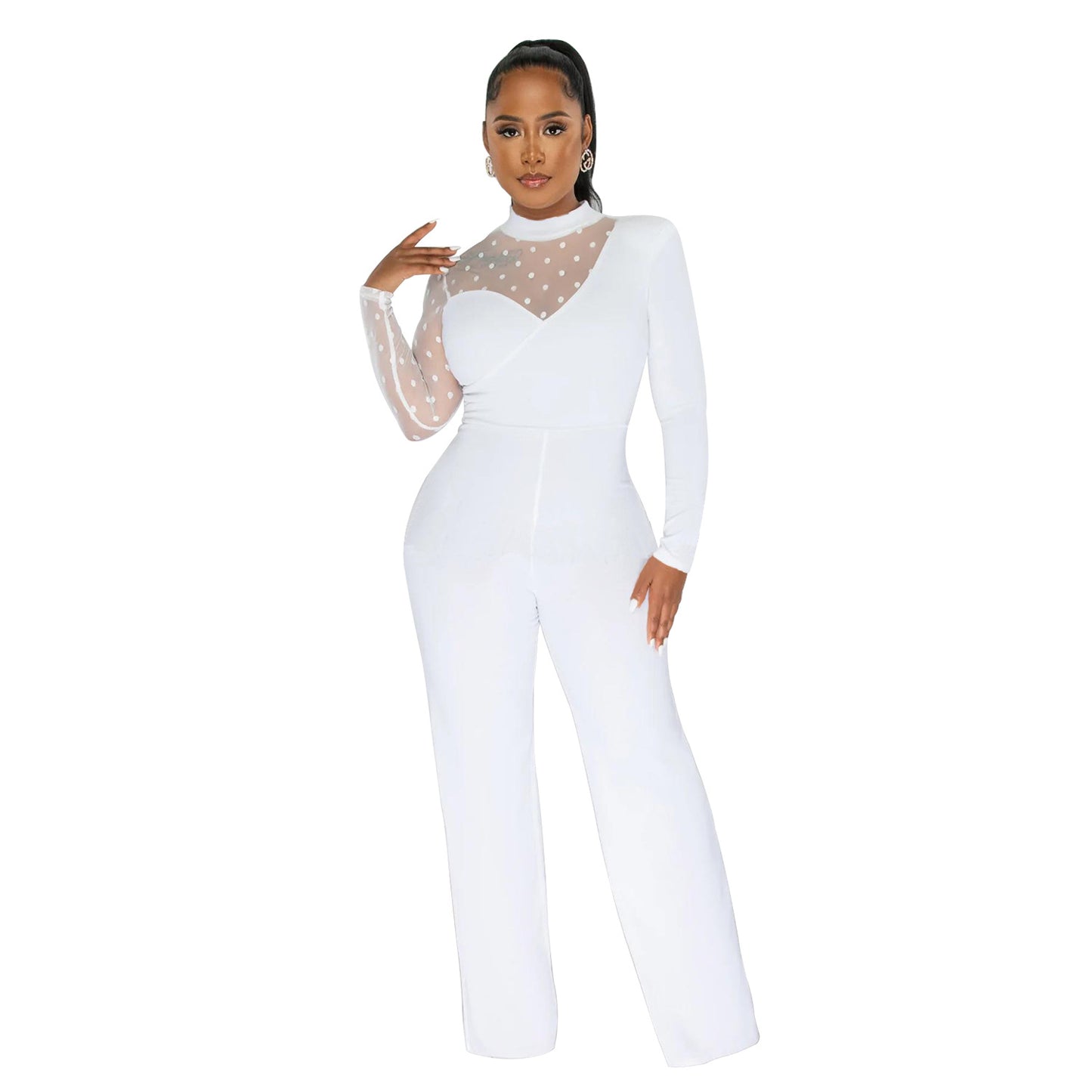 Dame Elegant Jumpsuit med transparente ærmer og stilfuld indpakningsdesign Stilla
