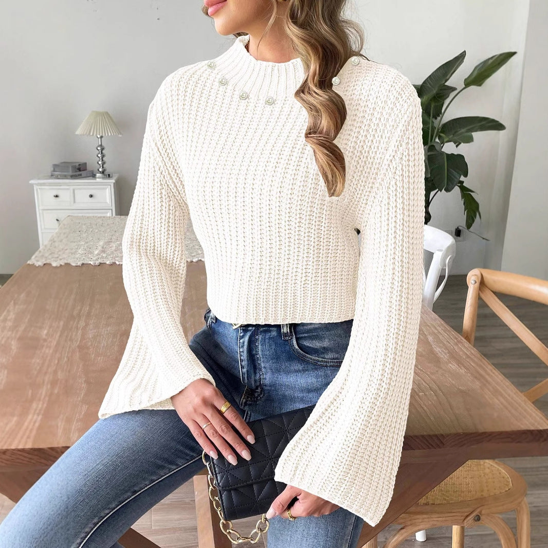 Dame trendy sweater med bred arm og perle detaljer Stilla