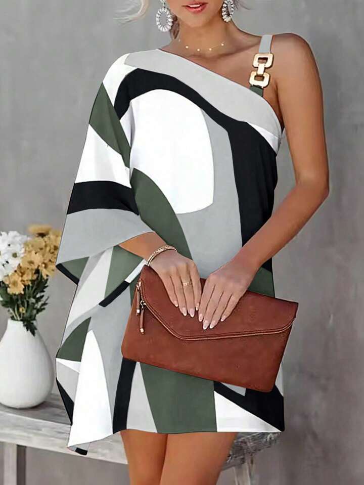 Dame abstrakt trykte en-skulder kjole Stilla